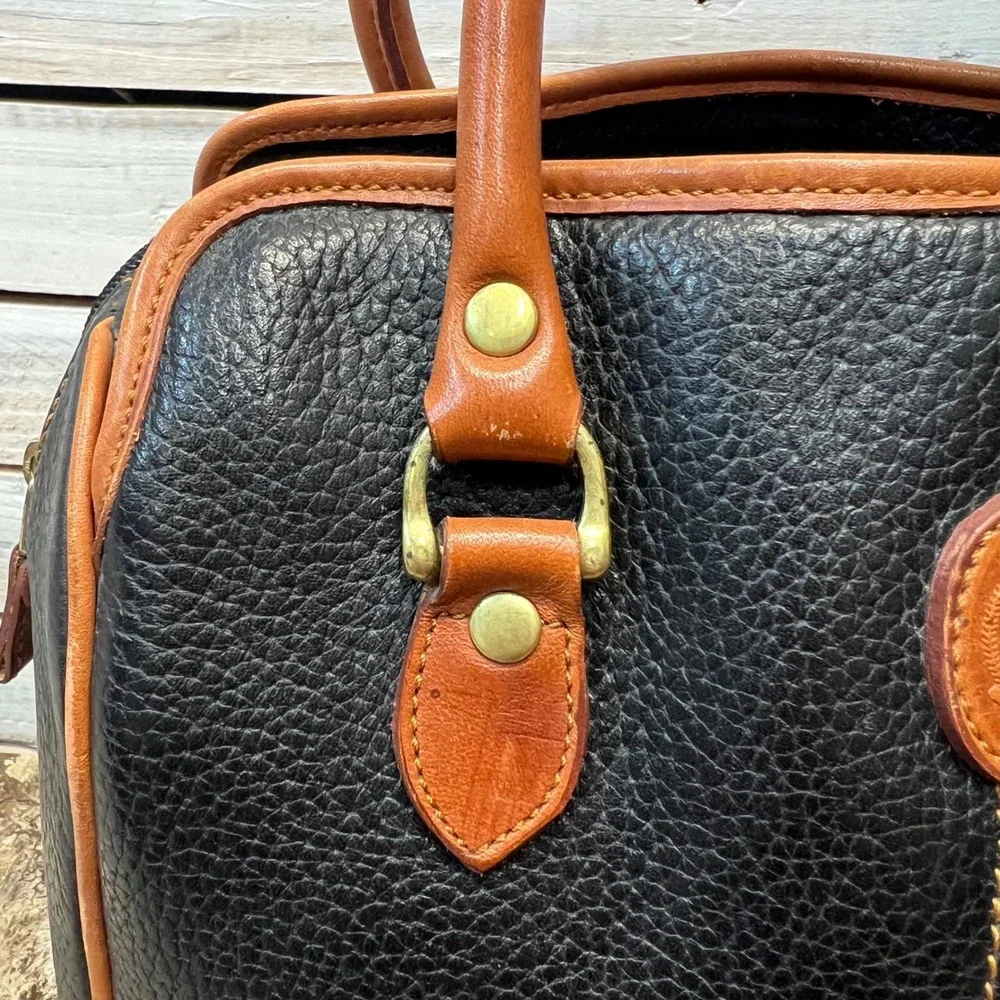Vintage Liz Claiborne Black Pebbled Leather Satchel Tan Trim Doctor Bag Purse